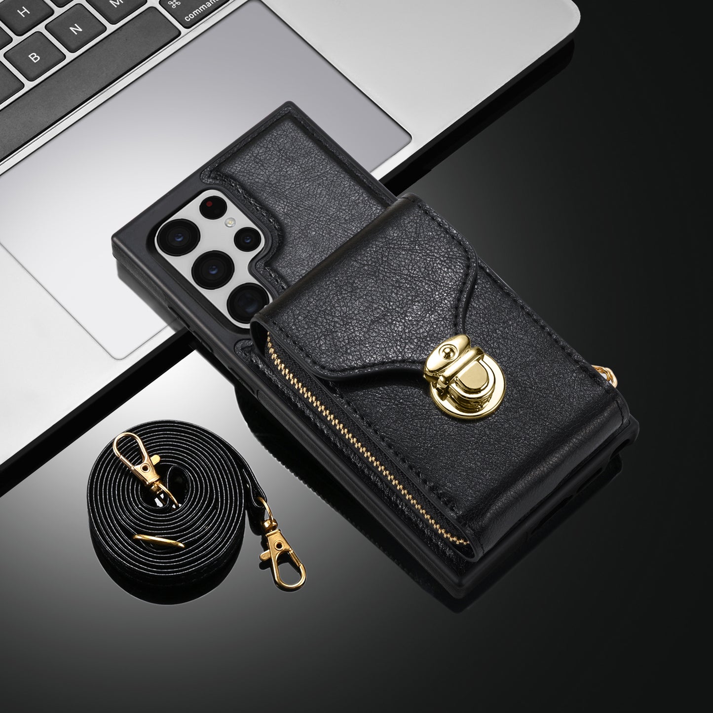 For Samsung Galaxy S22 Ultra 5G Zipper Card Holder Case Crossbody PU Leather + TPU Kickstand Phone Cover