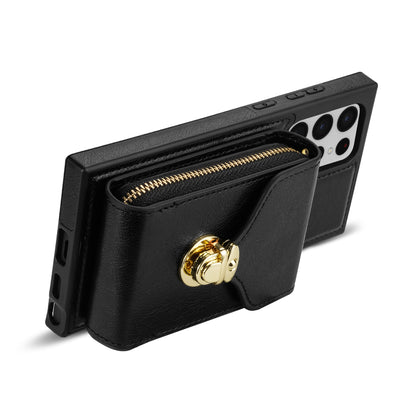 For Samsung Galaxy S22 Ultra 5G Zipper Card Holder Case Crossbody PU Leather + TPU Kickstand Phone Cover