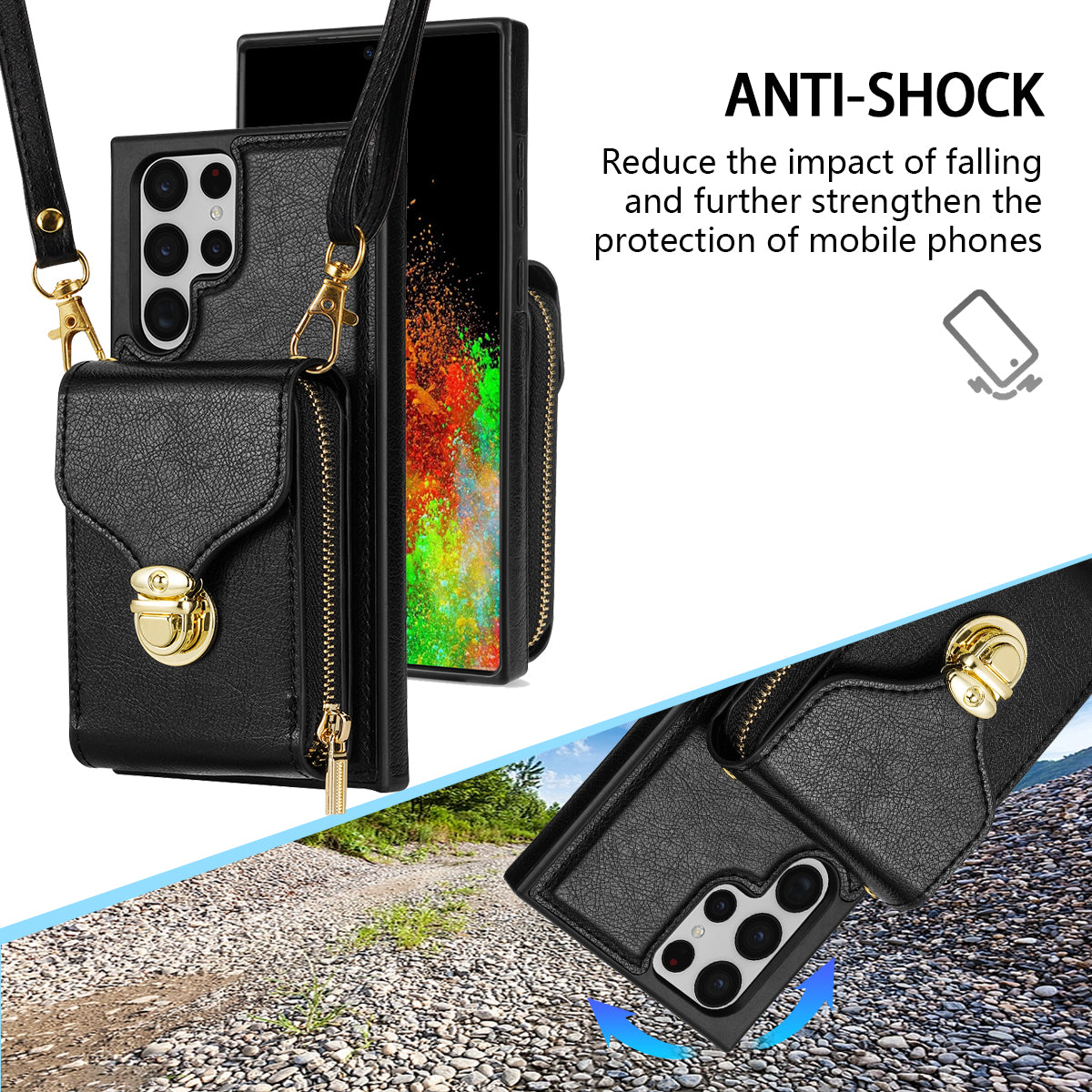 For Samsung Galaxy S22 Ultra 5G Zipper Card Holder Case Crossbody PU Leather + TPU Kickstand Phone Cover