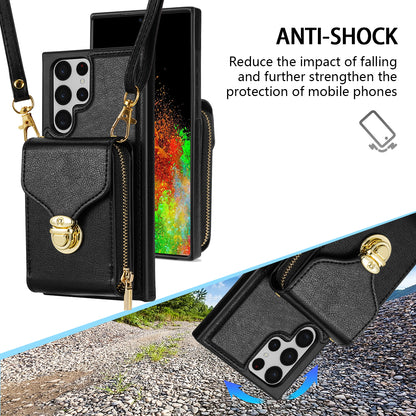 For Samsung Galaxy S22 Ultra 5G Zipper Card Holder Case Crossbody PU Leather + TPU Kickstand Phone Cover