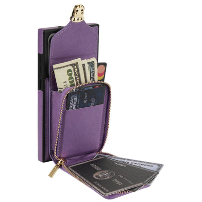 For Samsung Galaxy S22 Ultra 5G Zipper Card Holder Case Crossbody PU Leather + TPU Kickstand Phone Cover