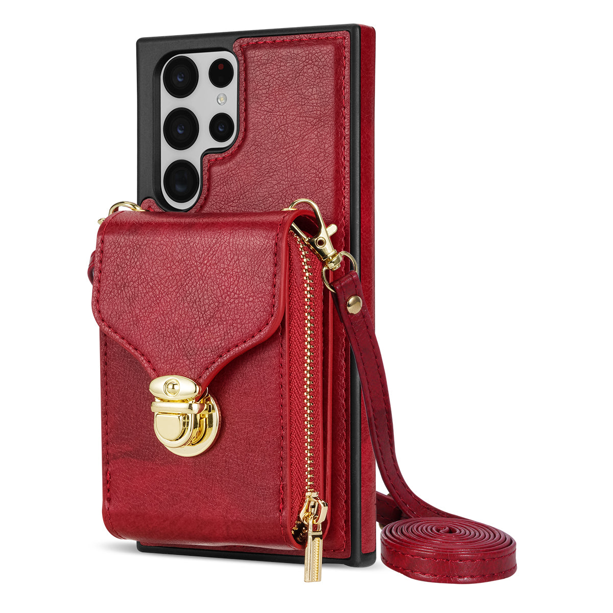 For Samsung Galaxy S22 Ultra 5G Zipper Card Holder Case Crossbody PU Leather + TPU Kickstand Phone Cover