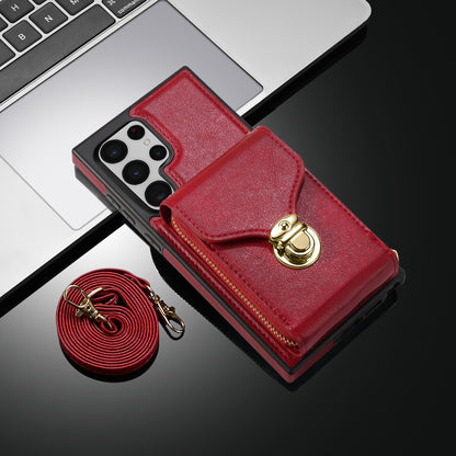 For Samsung Galaxy S22 Ultra 5G Zipper Card Holder Case Crossbody PU Leather + TPU Kickstand Phone Cover