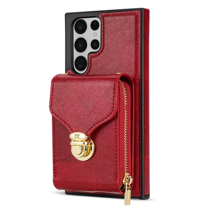 For Samsung Galaxy S22 Ultra 5G Zipper Card Holder Case Crossbody PU Leather + TPU Kickstand Phone Cover