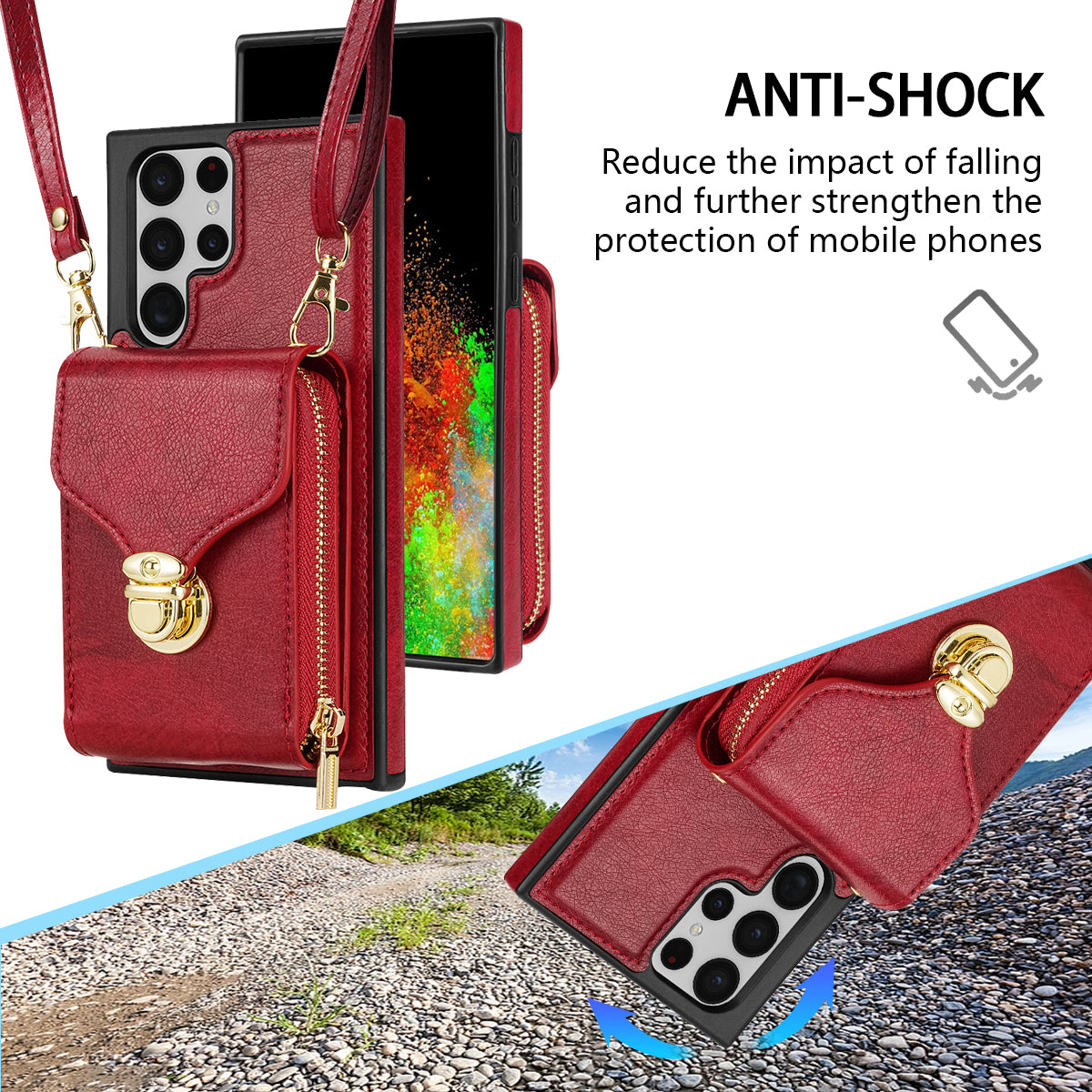 For Samsung Galaxy S22 Ultra 5G Zipper Card Holder Case Crossbody PU Leather + TPU Kickstand Phone Cover