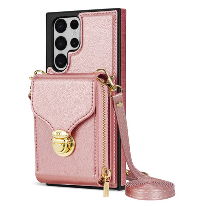 For Samsung Galaxy S22 Ultra 5G Zipper Card Holder Case Crossbody PU Leather + TPU Kickstand Phone Cover