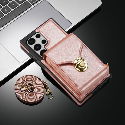 For Samsung Galaxy S22 Ultra 5G Zipper Card Holder Case Crossbody PU Leather + TPU Kickstand Phone Cover
