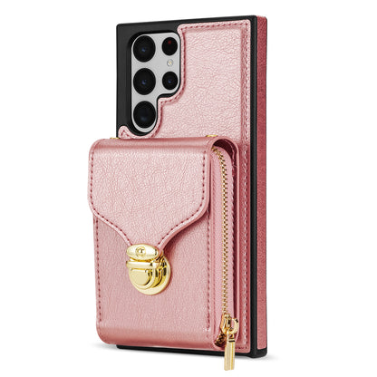 For Samsung Galaxy S22 Ultra 5G Zipper Card Holder Case Crossbody PU Leather + TPU Kickstand Phone Cover