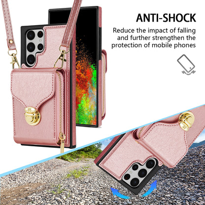 For Samsung Galaxy S22 Ultra 5G Zipper Card Holder Case Crossbody PU Leather + TPU Kickstand Phone Cover