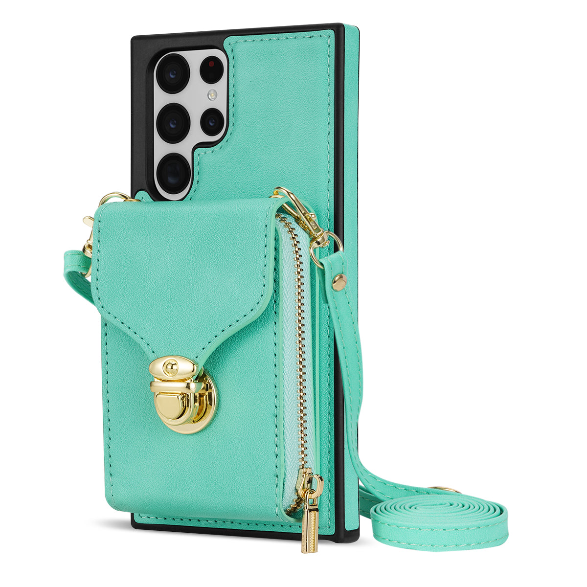 For Samsung Galaxy S22 Ultra 5G Zipper Card Holder Case Crossbody PU Leather + TPU Kickstand Phone Cover