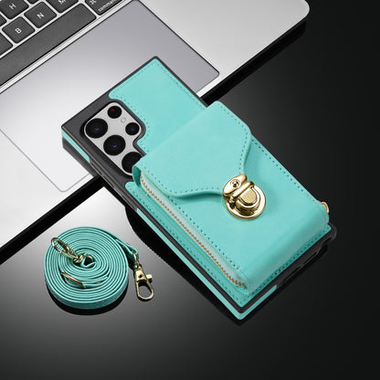 For Samsung Galaxy S22 Ultra 5G Zipper Card Holder Case Crossbody PU Leather + TPU Kickstand Phone Cover