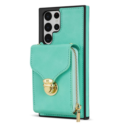 For Samsung Galaxy S22 Ultra 5G Zipper Card Holder Case Crossbody PU Leather + TPU Kickstand Phone Cover