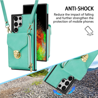 For Samsung Galaxy S22 Ultra 5G Zipper Card Holder Case Crossbody PU Leather + TPU Kickstand Phone Cover