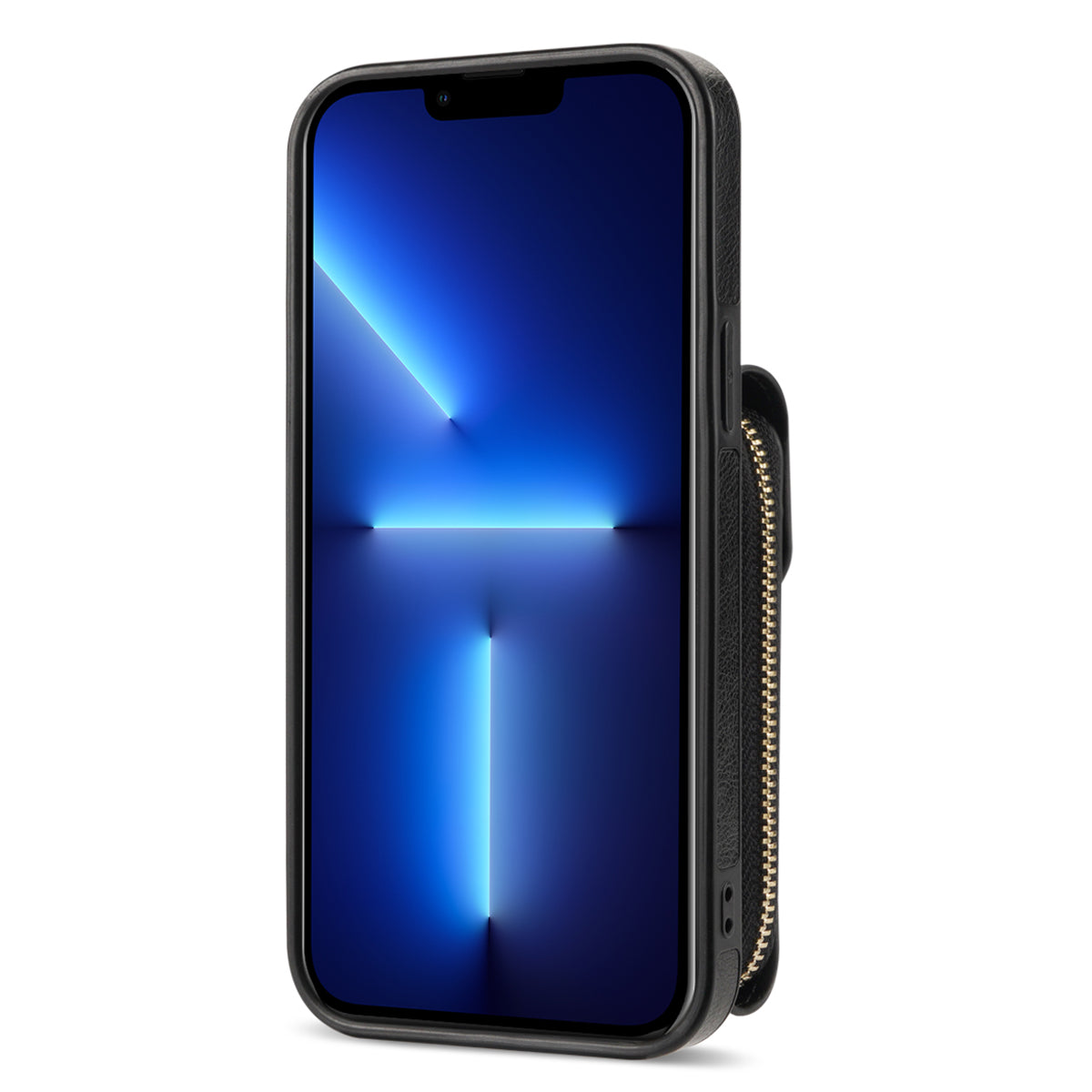 For iPhone 13 Pro Max 6.7 inch Zipper Phone Case PU Leather Coated TPU Kickstand Card Slot Cover