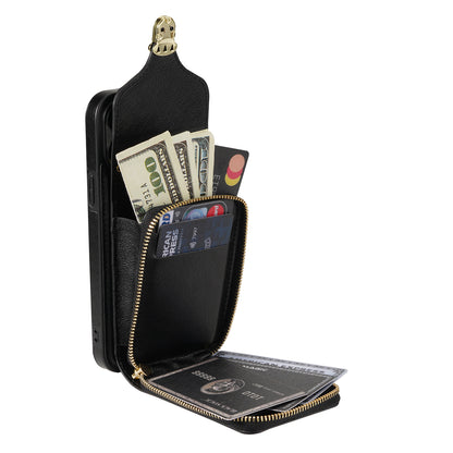 For iPhone 13 Pro Max 6.7 inch Zipper Phone Case PU Leather Coated TPU Kickstand Card Slot Cover