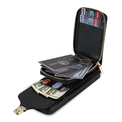 For iPhone 13 Pro Max 6.7 inch Zipper Phone Case PU Leather Coated TPU Kickstand Card Slot Cover