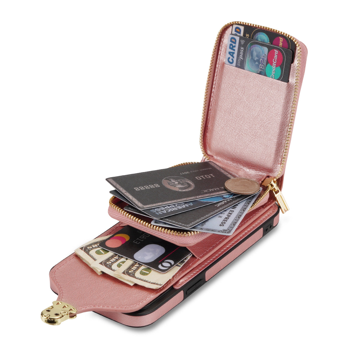 For iPhone 13 Pro Max 6.7 inch Zipper Phone Case PU Leather Coated TPU Kickstand Card Slot Cover