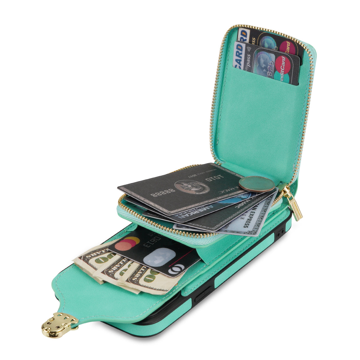 For iPhone 13 Pro Max 6.7 inch Zipper Phone Case PU Leather Coated TPU Kickstand Card Slot Cover