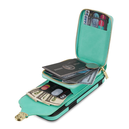 For iPhone 13 Pro Max 6.7 inch Zipper Phone Case PU Leather Coated TPU Kickstand Card Slot Cover