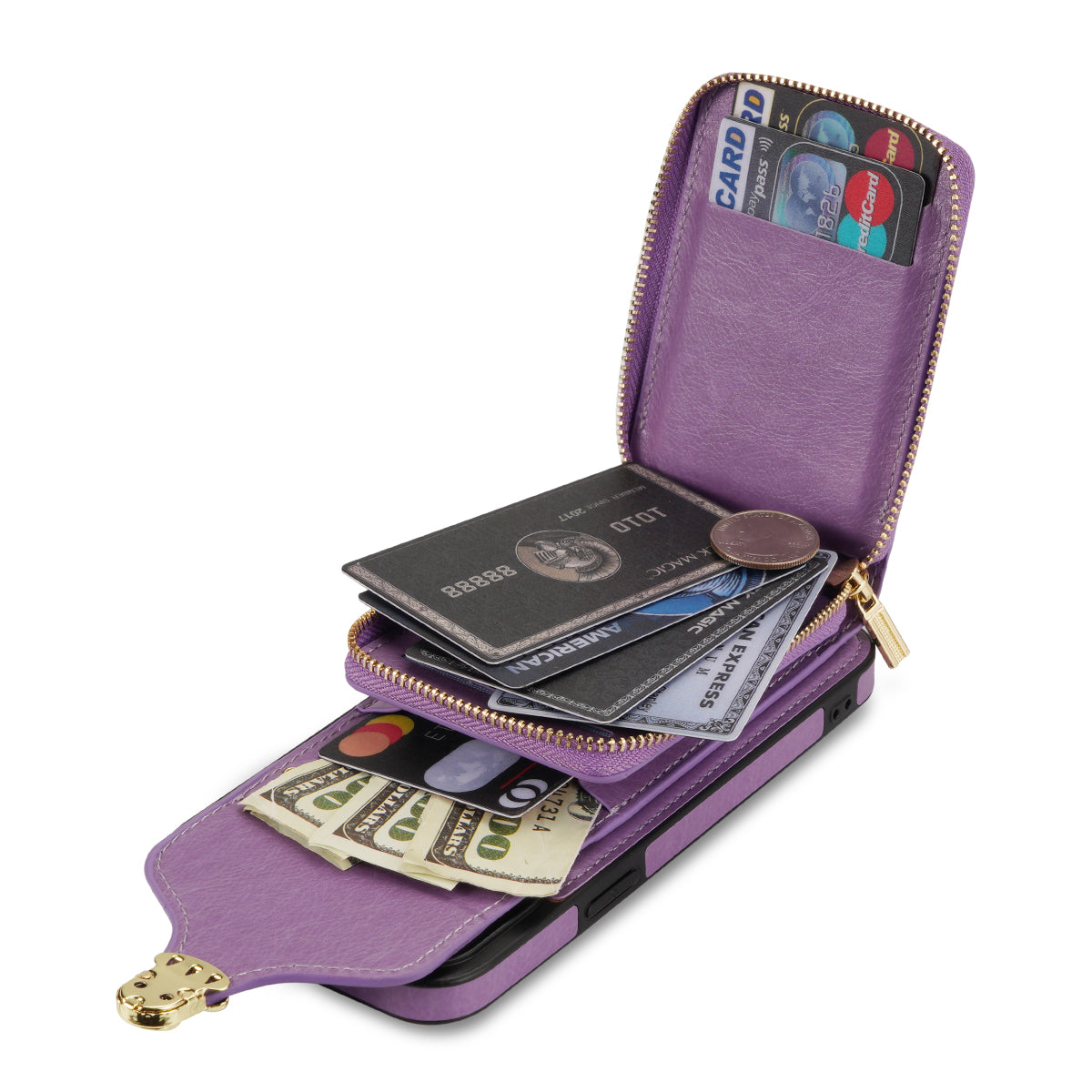 For iPhone 13 Pro Max 6.7 inch Zipper Phone Case PU Leather Coated TPU Kickstand Card Slot Cover