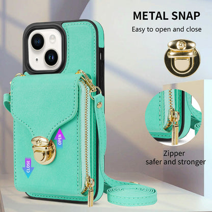 For iPhone 14 PU Leather Coated TPU Phone Case Zipper Card Slot Kickstand Cover with Shoulder Strap