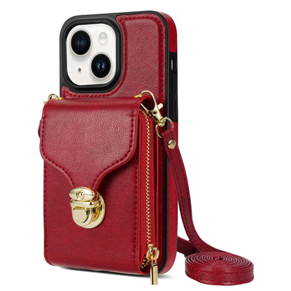 For iPhone 14 PU Leather Coated TPU Phone Case Zipper Card Slot Kickstand Cover with Shoulder Strap