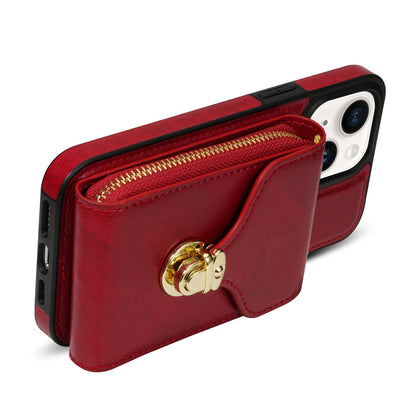For iPhone 14 PU Leather Coated TPU Phone Case Zipper Card Slot Kickstand Cover with Shoulder Strap
