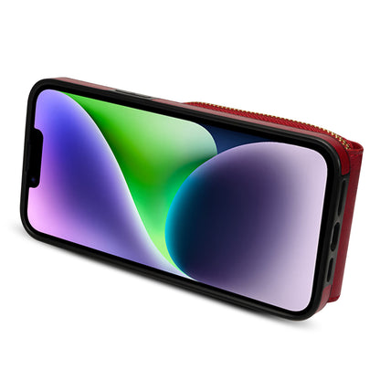 For iPhone 14 PU Leather Coated TPU Phone Case Zipper Card Slot Kickstand Cover with Shoulder Strap