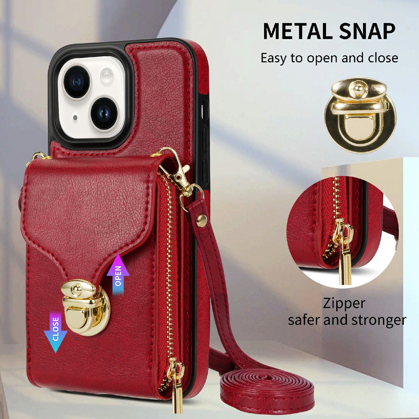 For iPhone 14 PU Leather Coated TPU Phone Case Zipper Card Slot Kickstand Cover with Shoulder Strap