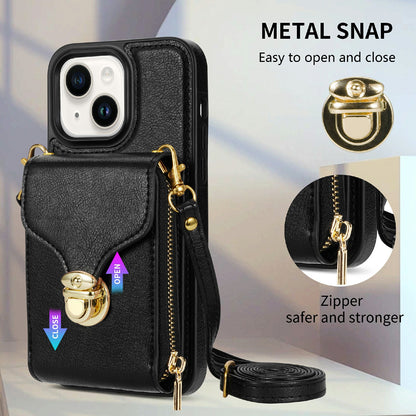 For iPhone 14 Plus PU Leather Coated TPU Kickstand Case Zipper Pocket Card Slot Phone Cover