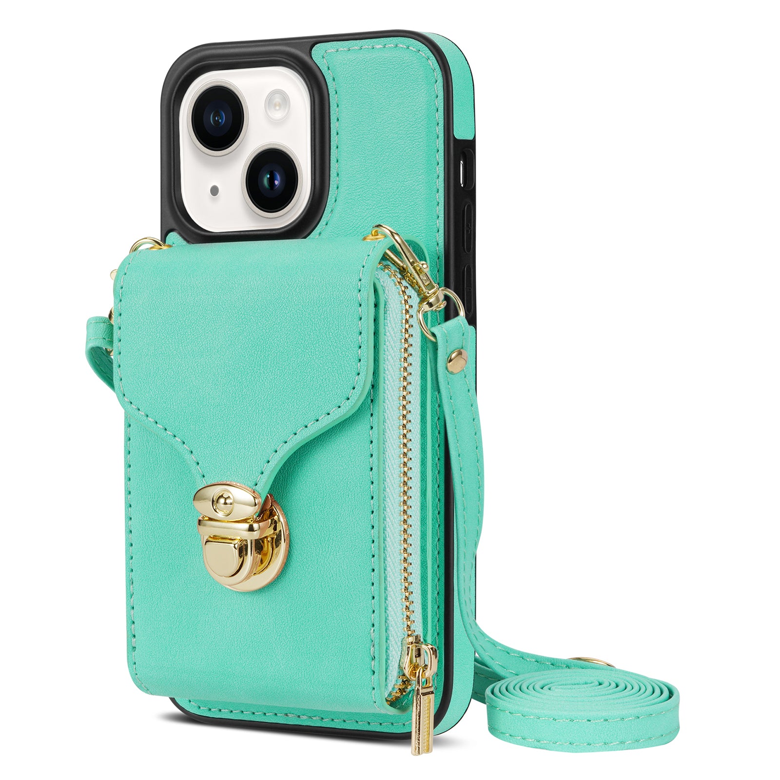 For iPhone 14 Plus PU Leather Coated TPU Kickstand Case Zipper Pocket Card Slot Phone Cover