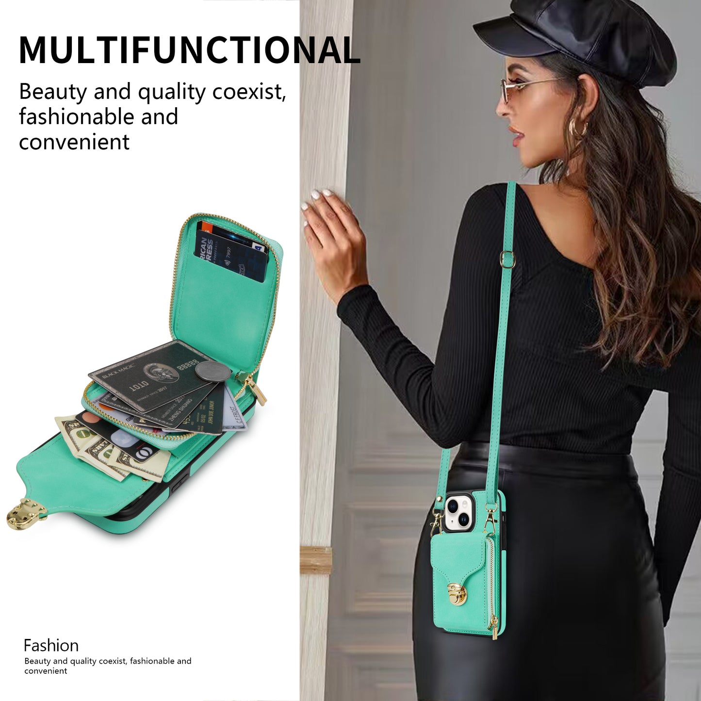 For iPhone 14 Plus PU Leather Coated TPU Kickstand Case Zipper Pocket Card Slot Phone Cover