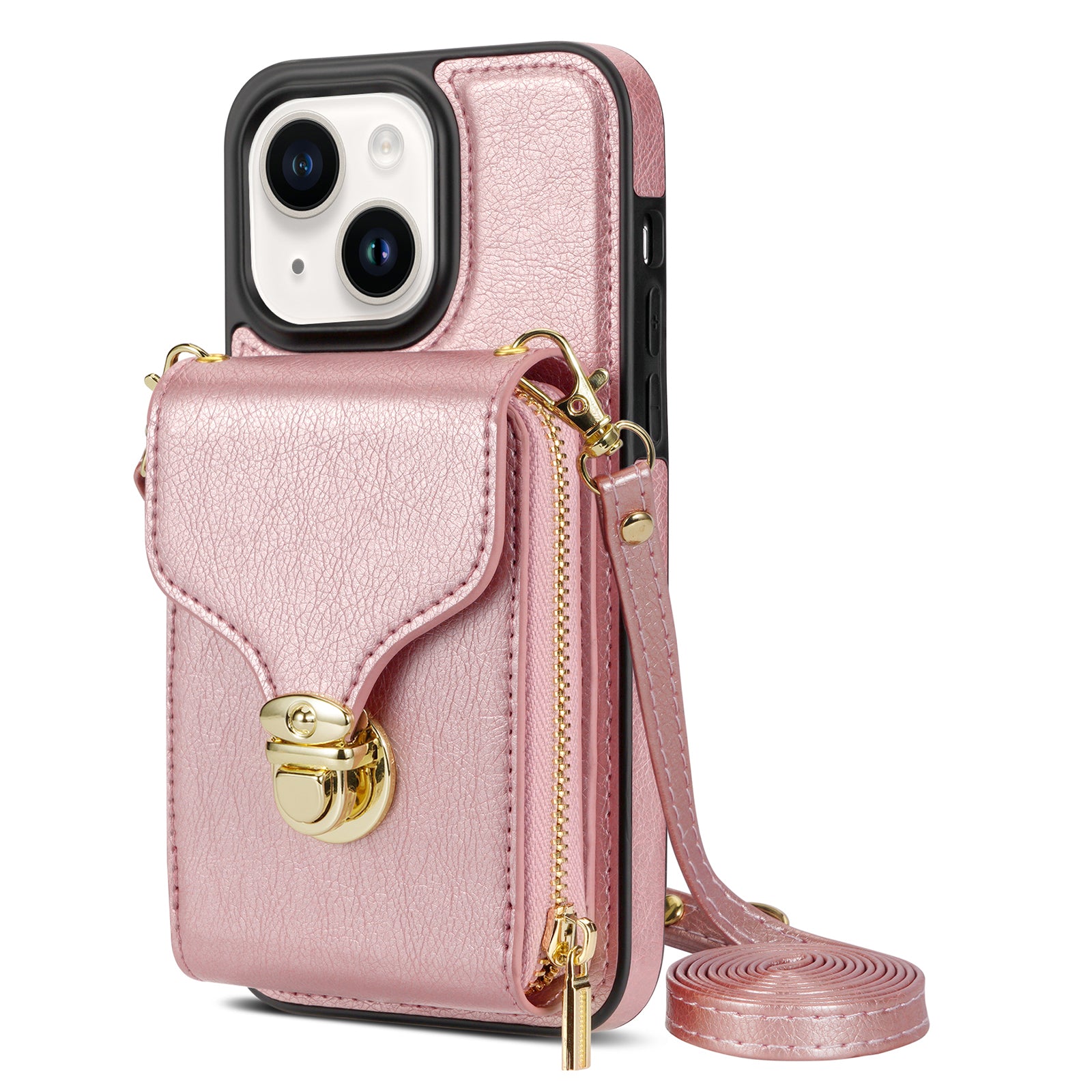 For iPhone 14 Plus PU Leather Coated TPU Kickstand Case Zipper Pocket Card Slot Phone Cover