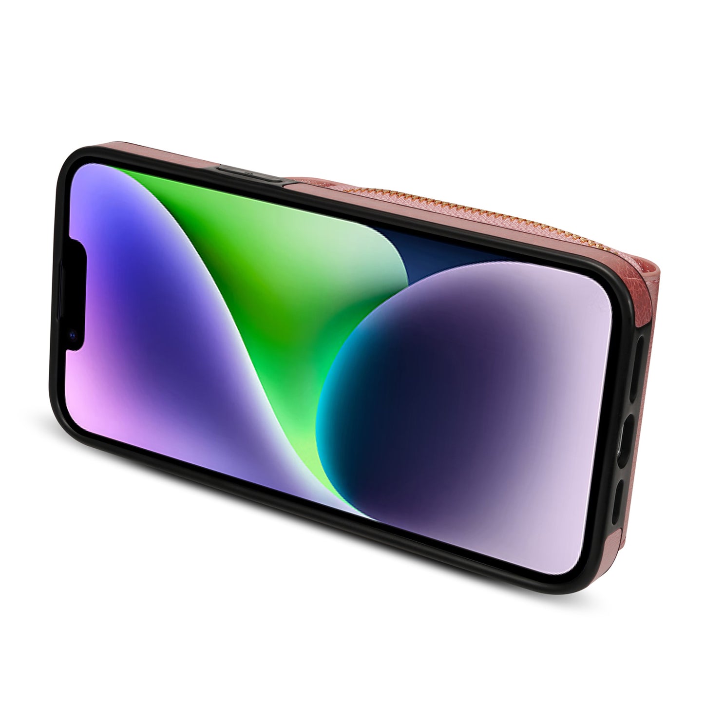 For iPhone 14 Plus PU Leather Coated TPU Kickstand Case Zipper Pocket Card Slot Phone Cover