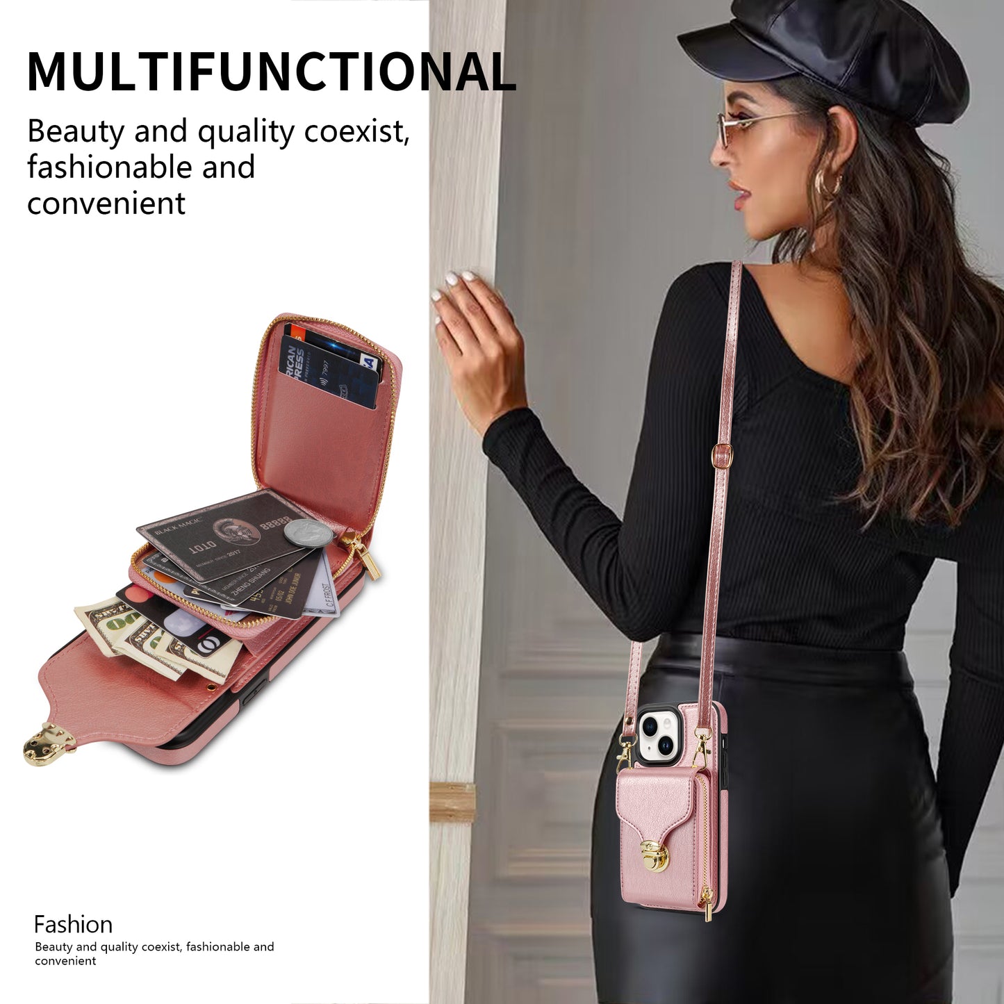 For iPhone 14 Plus PU Leather Coated TPU Kickstand Case Zipper Pocket Card Slot Phone Cover