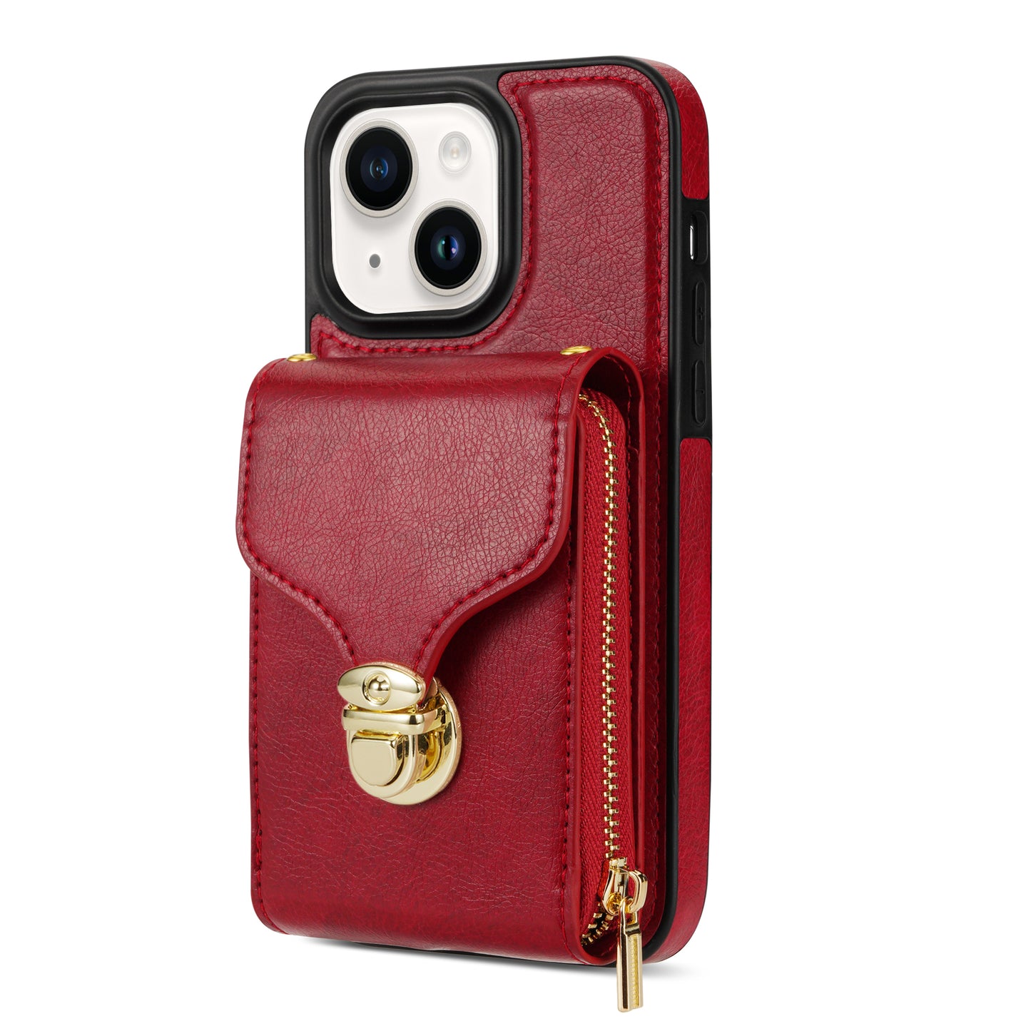 For iPhone 14 Plus PU Leather Coated TPU Kickstand Case Zipper Pocket Card Slot Phone Cover