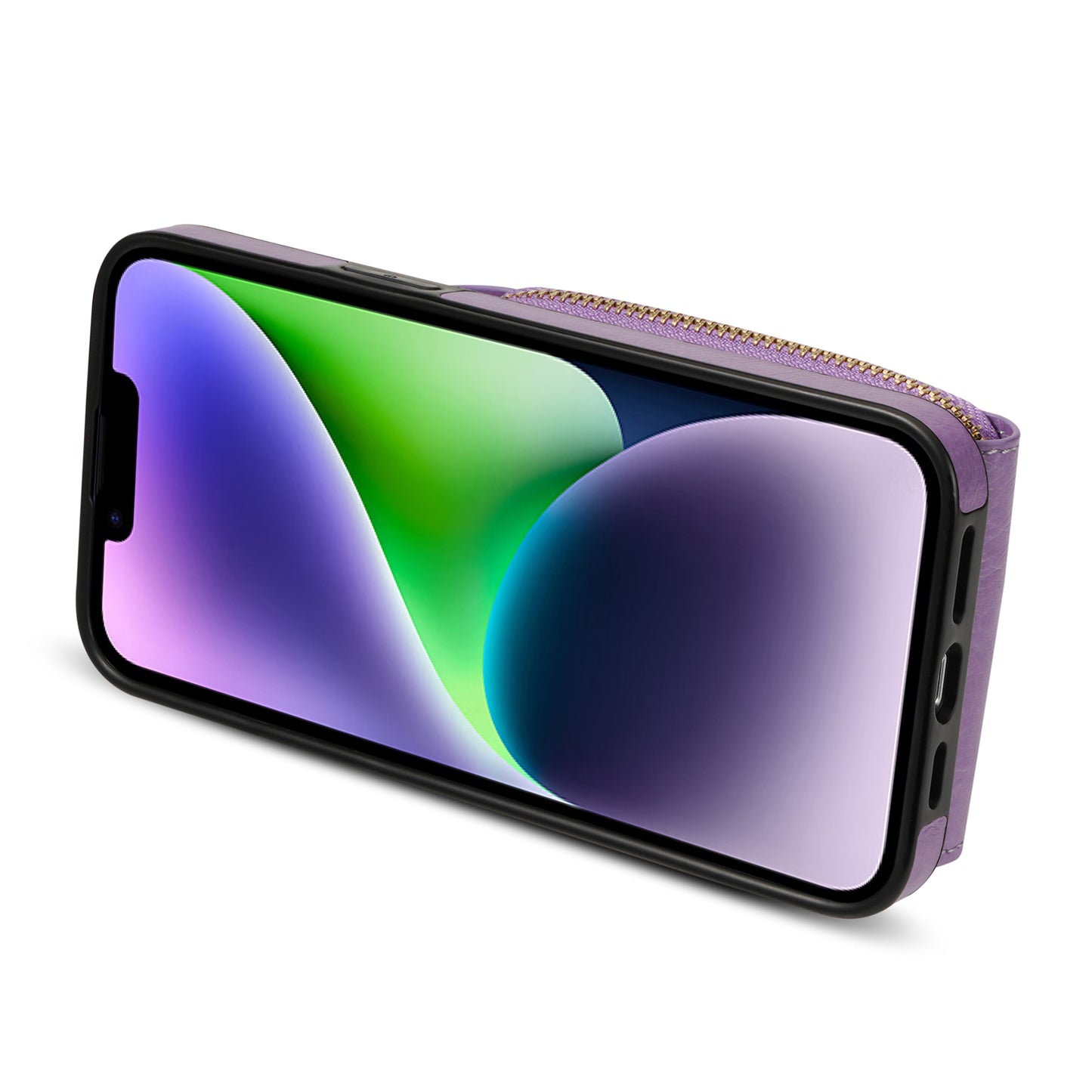 For iPhone 14 Plus PU Leather Coated TPU Kickstand Case Zipper Pocket Card Slot Phone Cover