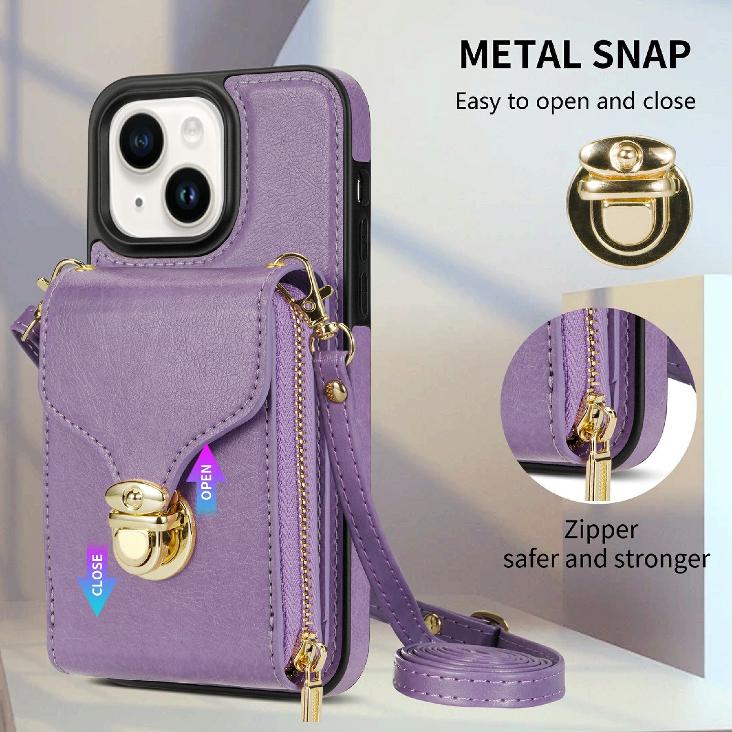 For iPhone 14 Plus PU Leather Coated TPU Kickstand Case Zipper Pocket Card Slot Phone Cover