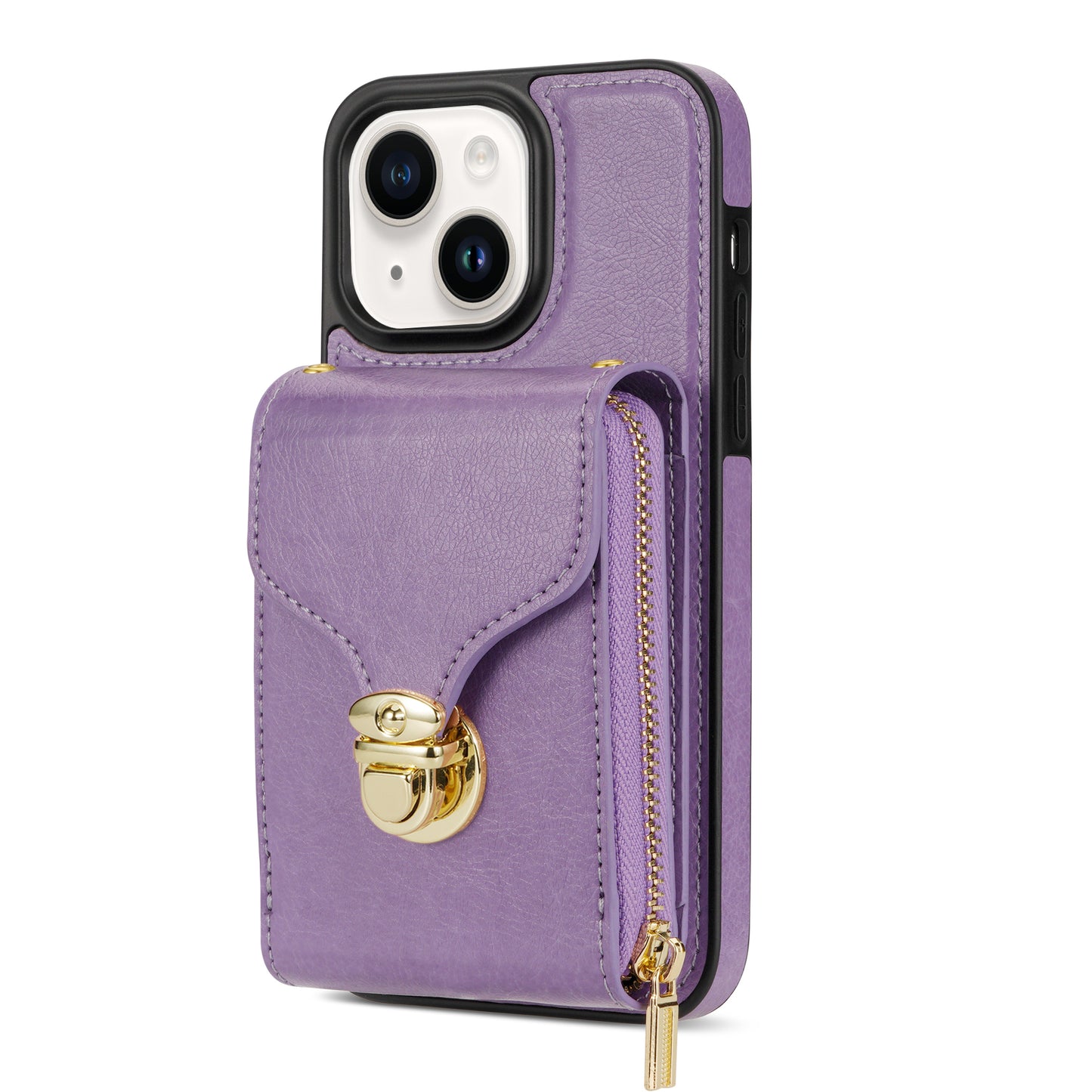 For iPhone 14 Plus PU Leather Coated TPU Kickstand Case Zipper Pocket Card Slot Phone Cover
