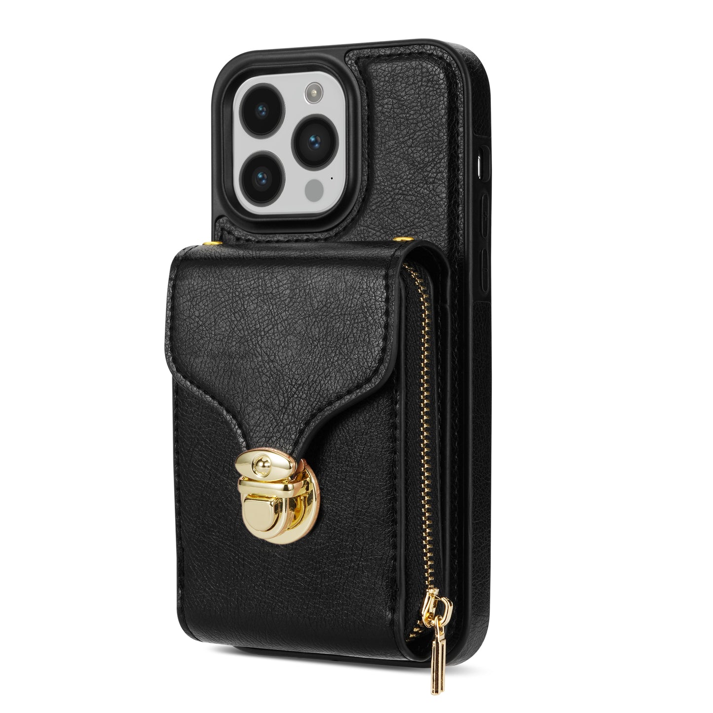 For iPhone 14 Pro PU Leather Coated TPU Zipper Phone Case Card Slot Kickstand Shockproof Cover