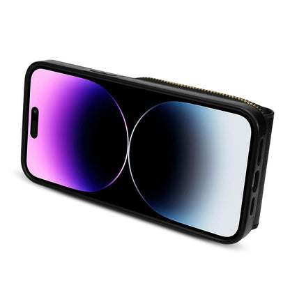 For iPhone 14 Pro PU Leather Coated TPU Zipper Phone Case Card Slot Kickstand Shockproof Cover