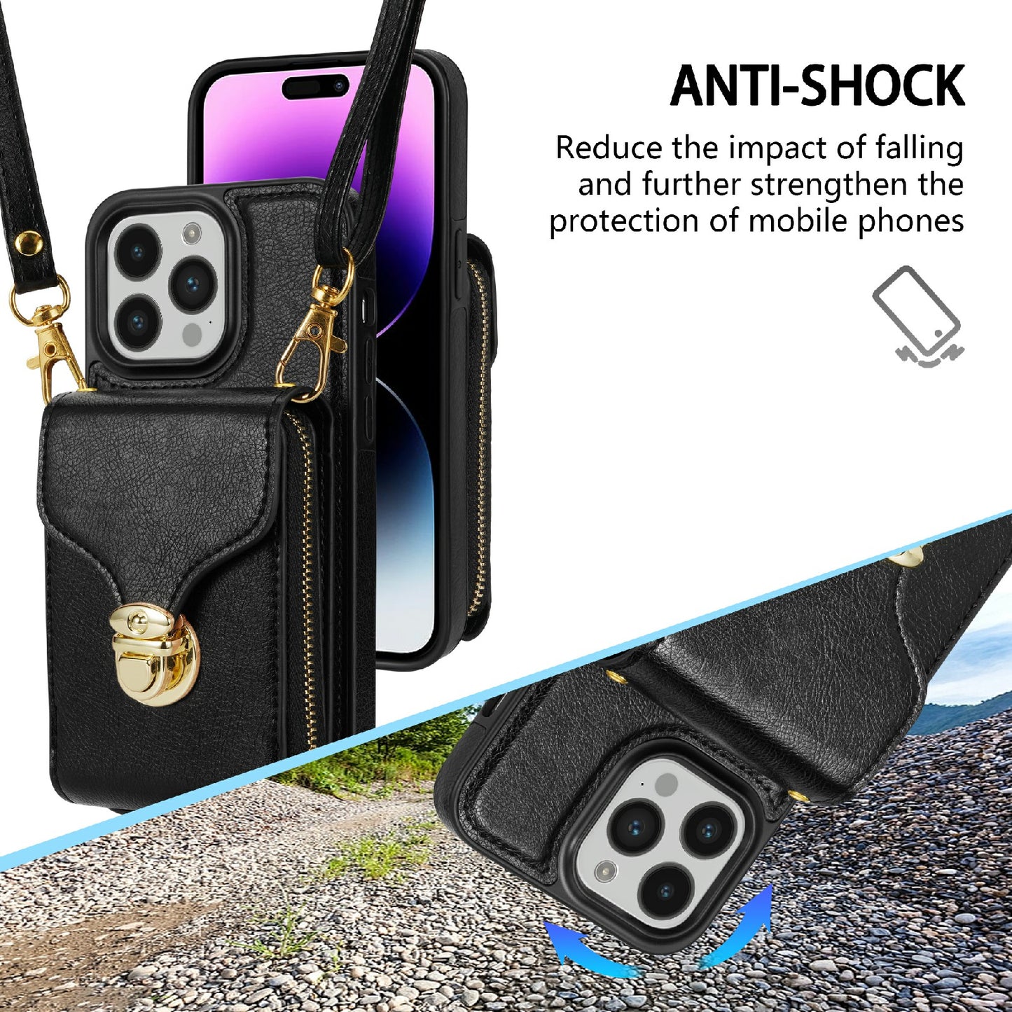 For iPhone 14 Pro PU Leather Coated TPU Zipper Phone Case Card Slot Kickstand Shockproof Cover