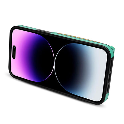 For iPhone 14 Pro PU Leather Coated TPU Zipper Phone Case Card Slot Kickstand Shockproof Cover