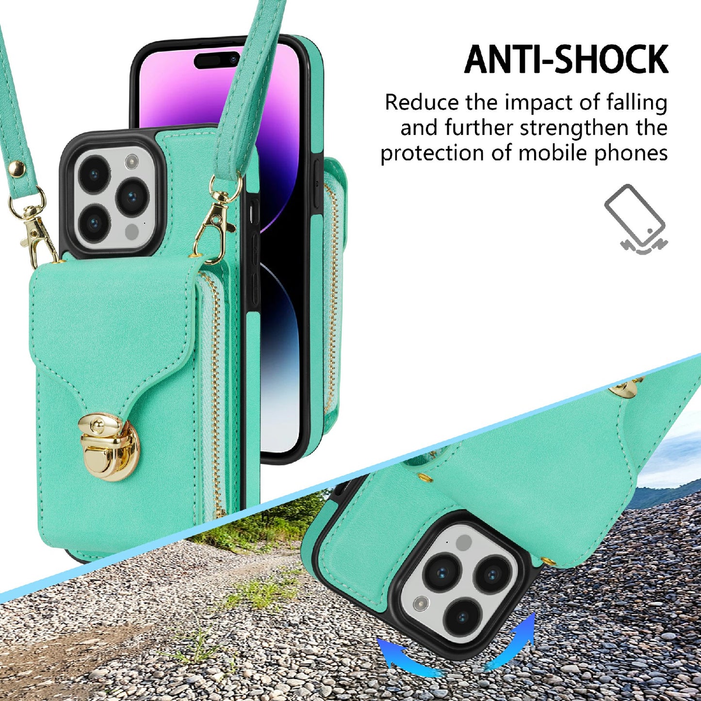 For iPhone 14 Pro PU Leather Coated TPU Zipper Phone Case Card Slot Kickstand Shockproof Cover