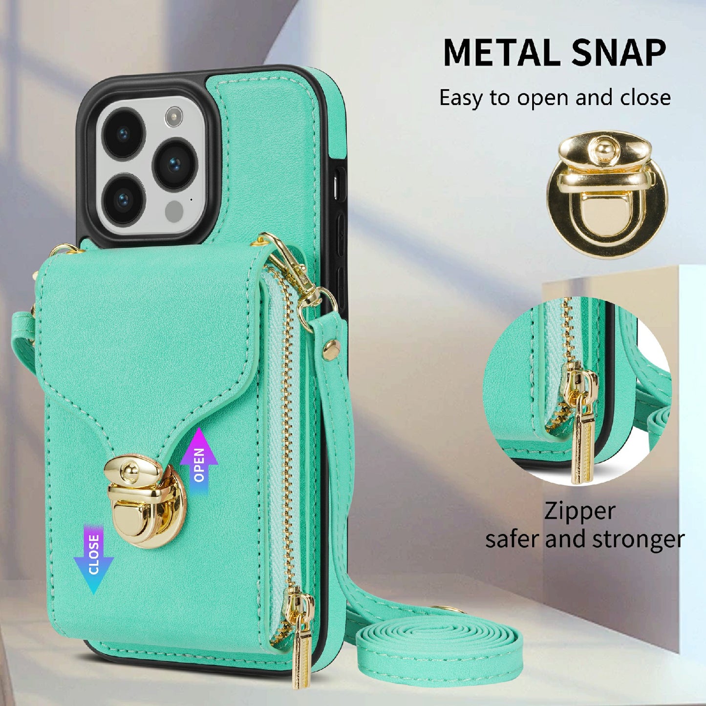 For iPhone 14 Pro PU Leather Coated TPU Zipper Phone Case Card Slot Kickstand Shockproof Cover