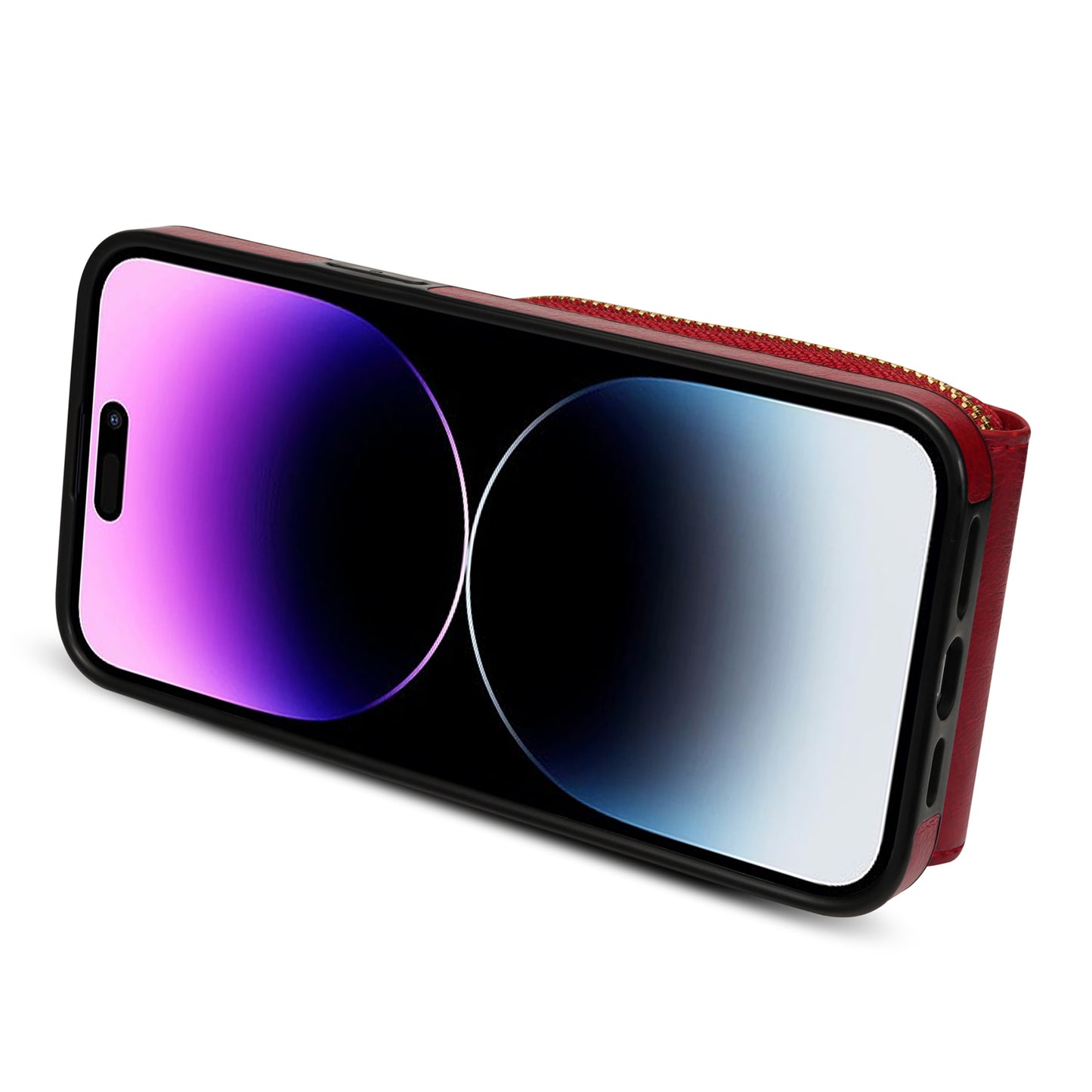 For iPhone 14 Pro PU Leather Coated TPU Zipper Phone Case Card Slot Kickstand Shockproof Cover