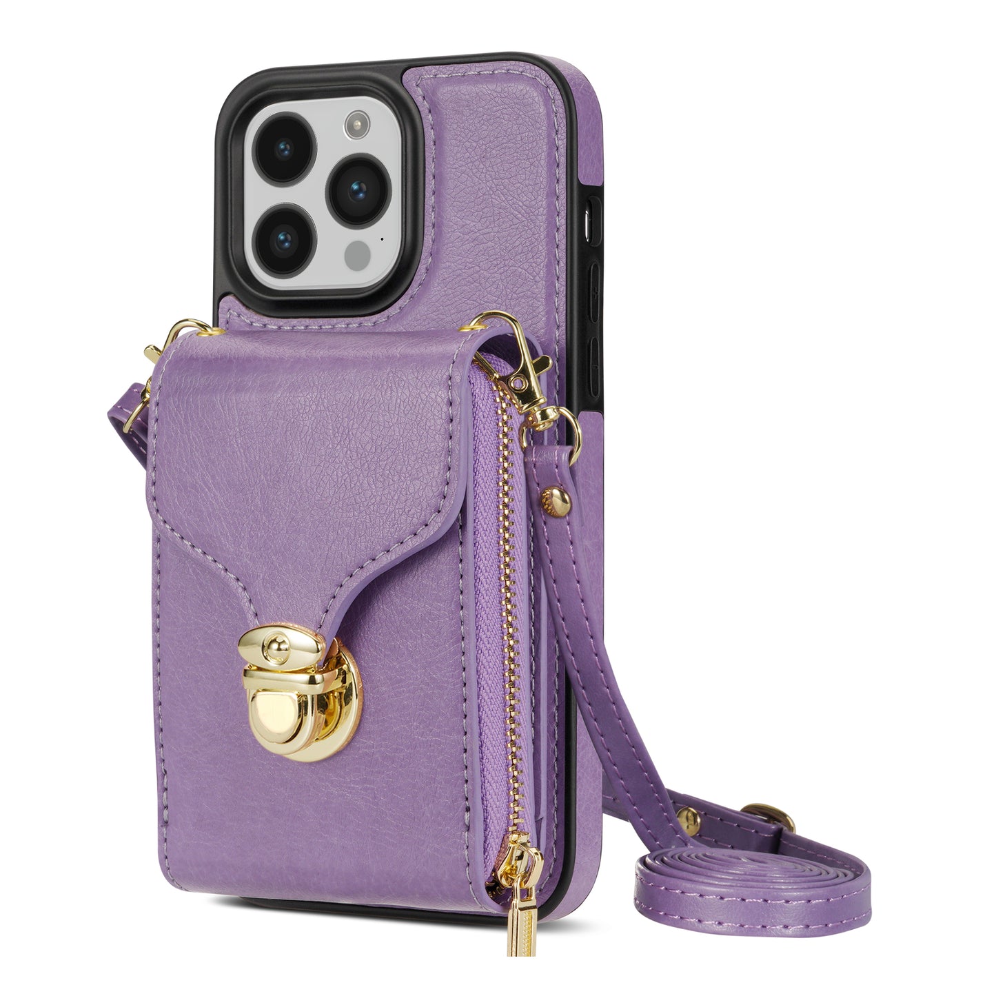 For iPhone 14 Pro PU Leather Coated TPU Zipper Phone Case Card Slot Kickstand Shockproof Cover