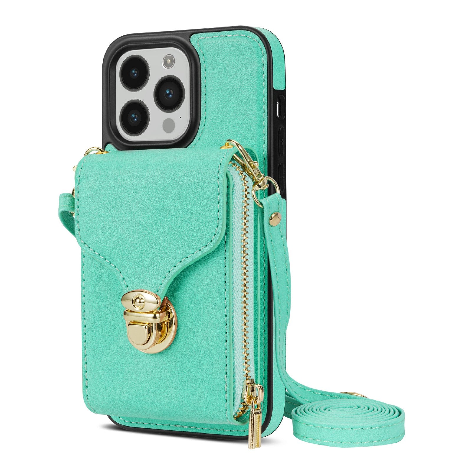 For iPhone 14 Pro Max PU Leather + TPU Kickstand Phone Case Card Slot Holder Zipper Bag Phone Cover