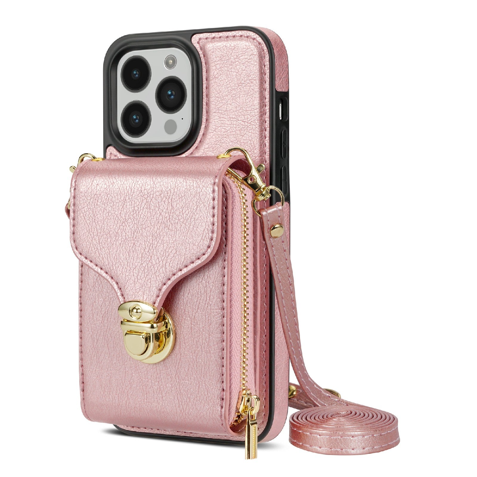 For iPhone 14 Pro Max PU Leather + TPU Kickstand Phone Case Card Slot Holder Zipper Bag Phone Cover