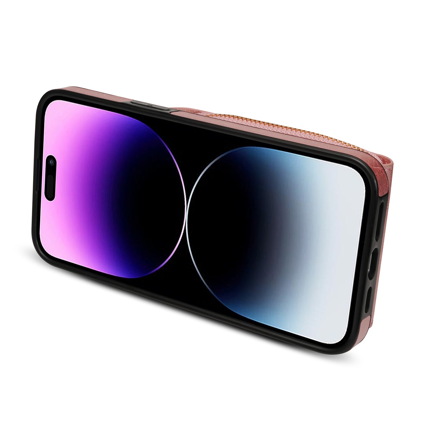 For iPhone 14 Pro Max PU Leather + TPU Kickstand Phone Case Card Slot Holder Zipper Bag Phone Cover